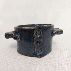 Unique Button Front Stone Pottery Signed Trinket Flower Cactus Pot Blue